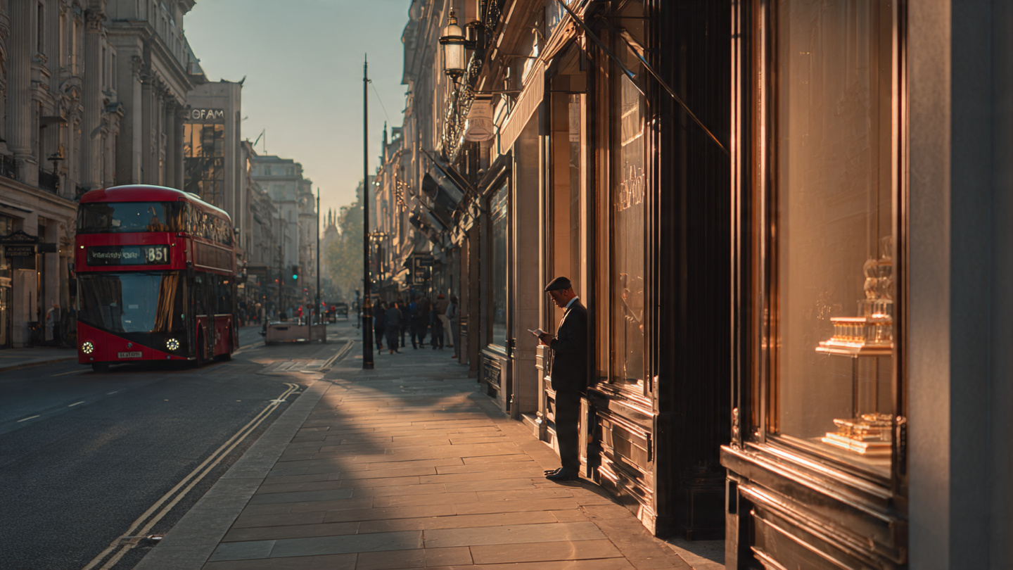 Elegant early morning scene on one of the best shopping streets in London with luxury storefront reflections and a red double-decker bus passing by