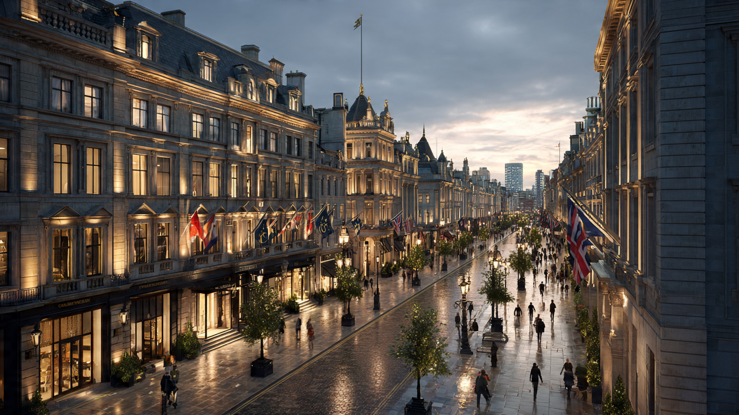 Elegant evening view of one of the best shopping streets in London with historic architecture and luxury storefronts