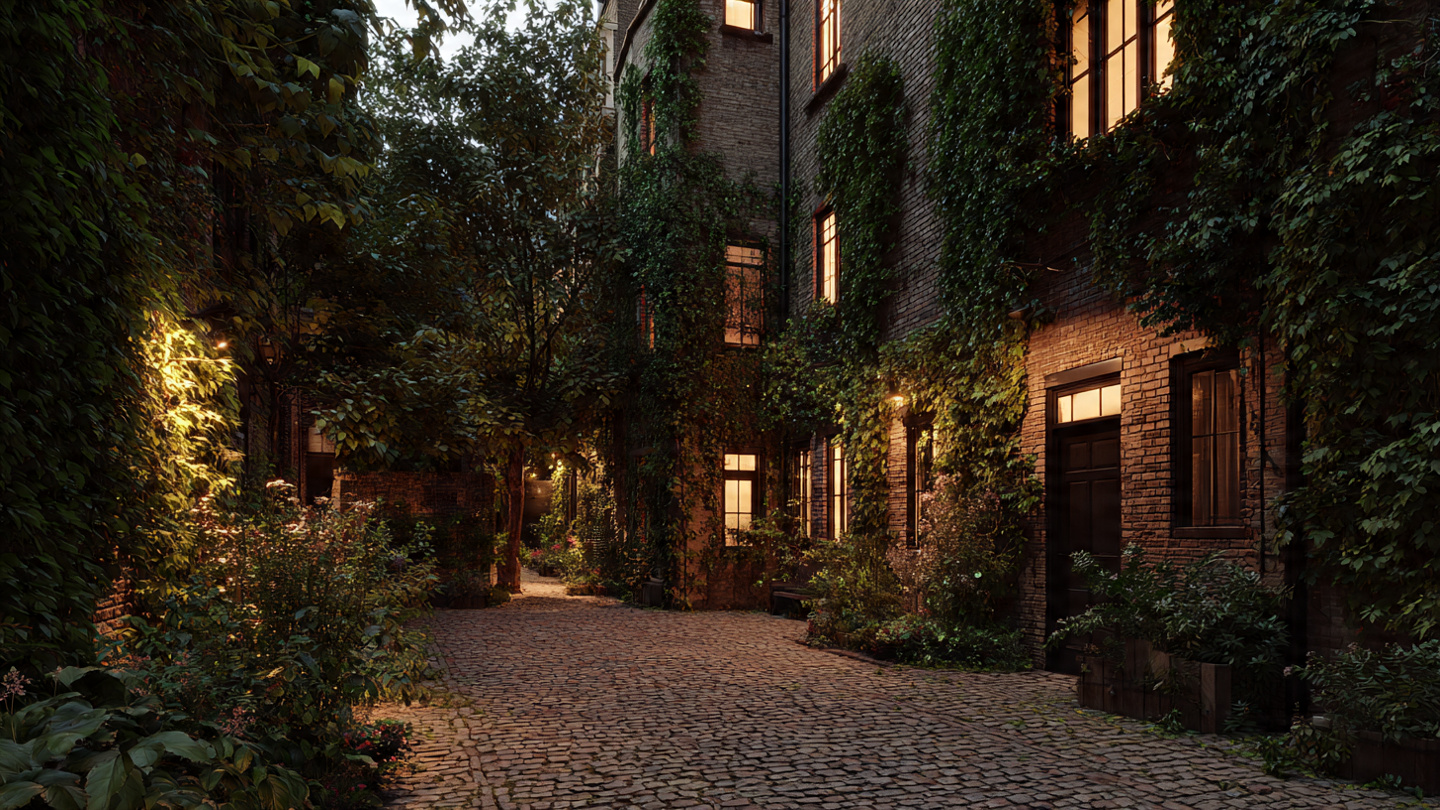 romantic walks in london through a quiet ivy-covered cobblestone street with warm evening lights and intimate atmosphere