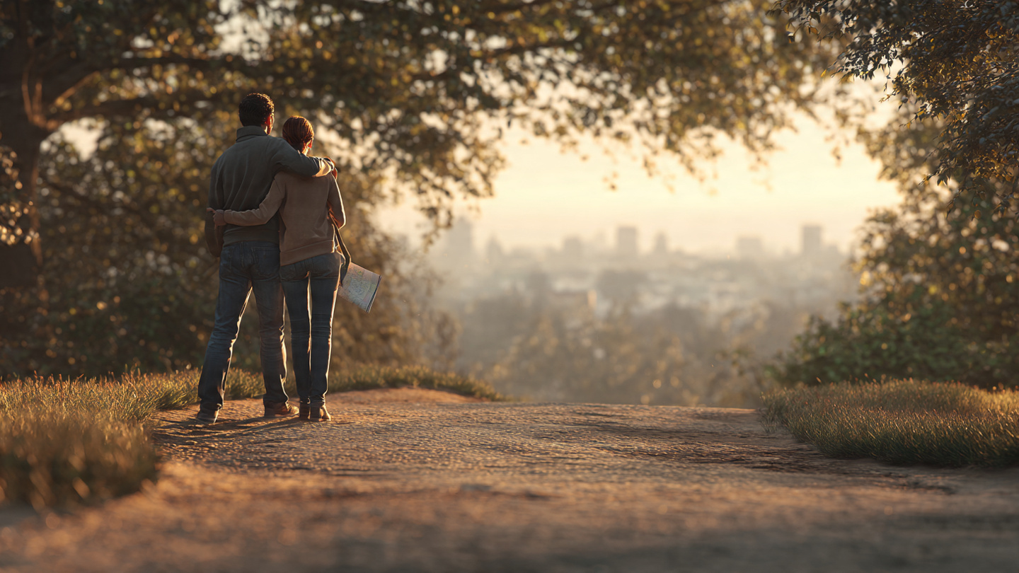 romantic walks in london at golden hour with a couple embracing on a hilltop overlooking the city skyline