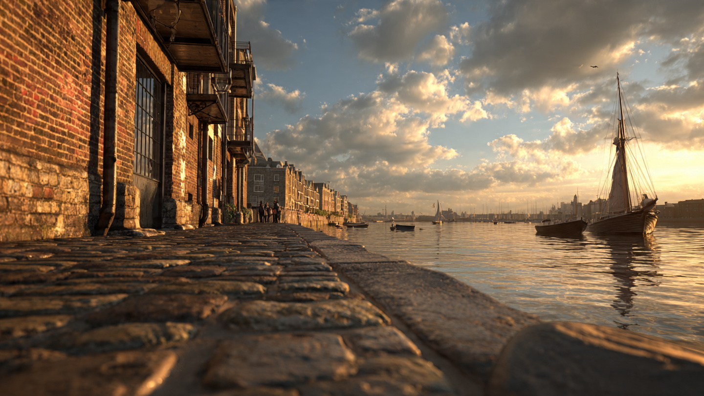 Scenic walks along the River Thames with historic brick warehouses and sailing boats at golden hour in London