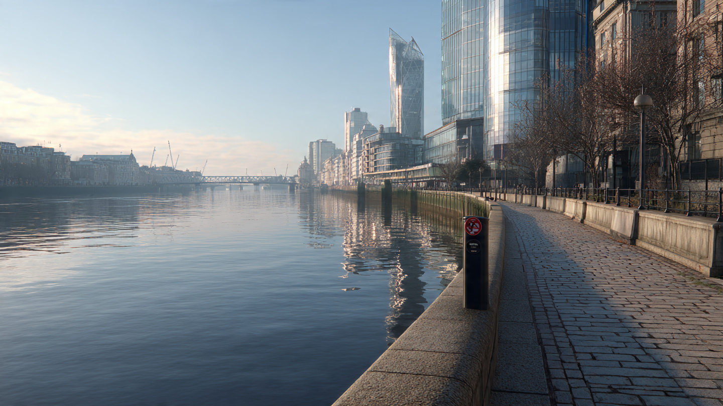 Scenic walks along the River Thames in London with modern riverside buildings and calm water reflections in early morning light