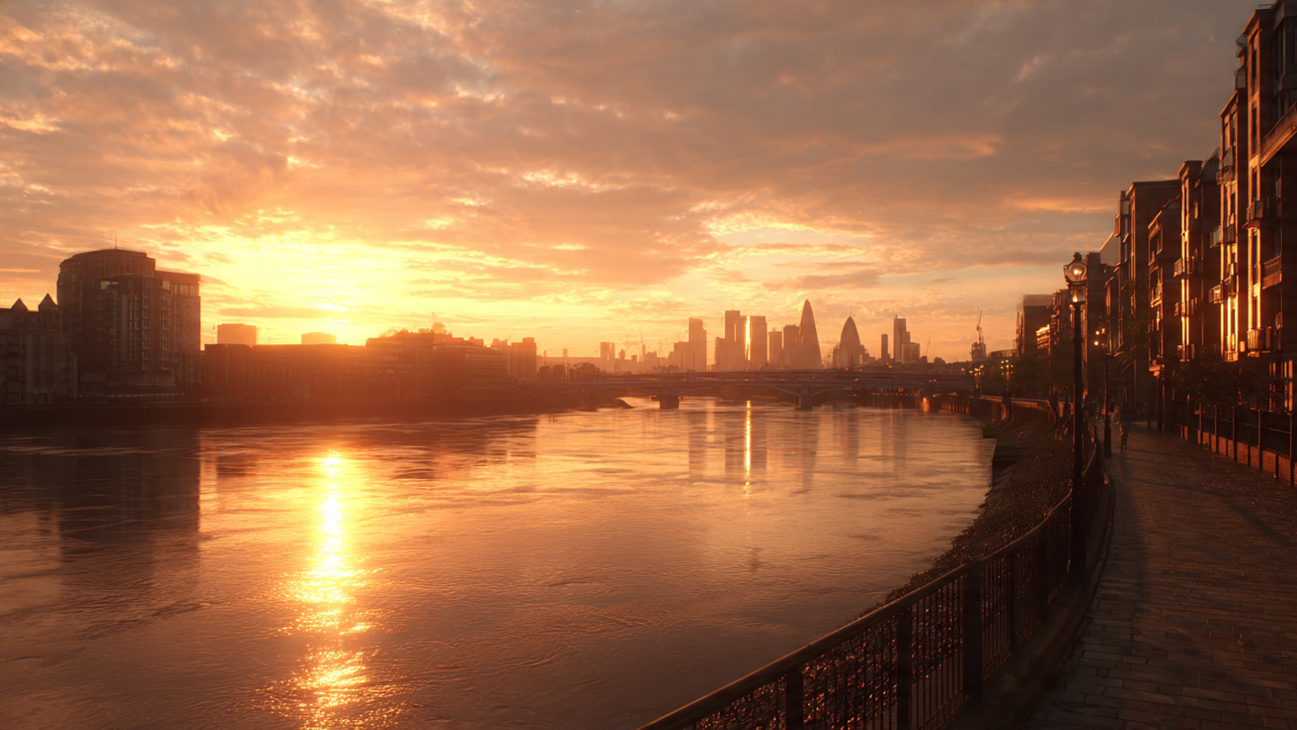 Best sunset viewpoints in London along the River Thames with golden reflections on the water and skyline silhouetted at dusk.