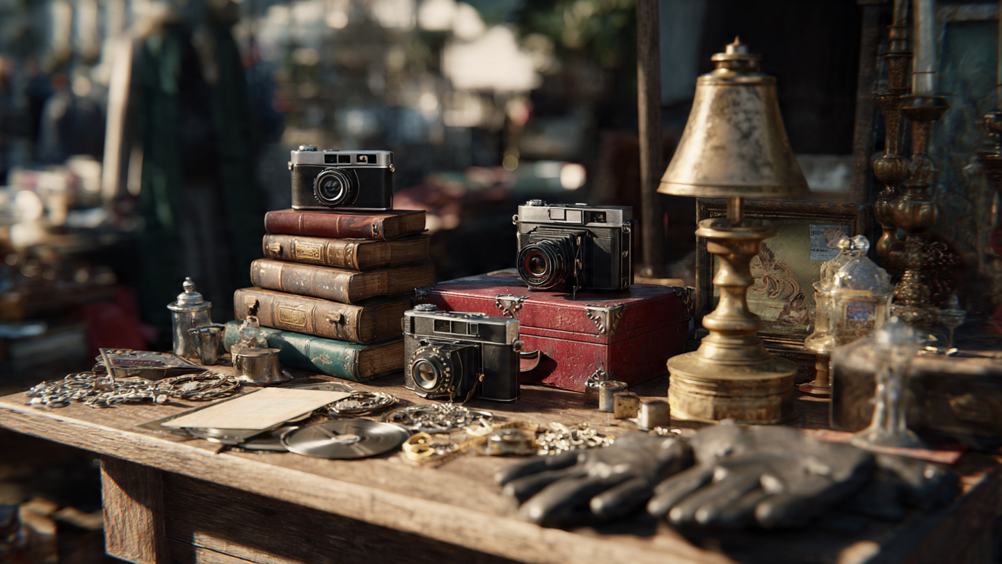 Flea markets in London showcasing vintage cameras, old books, and antique collectibles displayed on a wooden stall table
