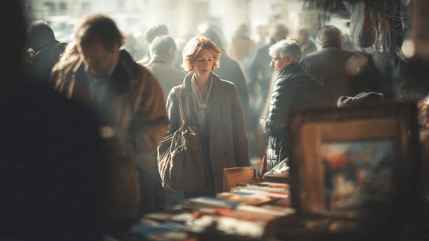 Crowds browsing vintage books and collectibles at flea markets in London during a busy afternoon scene