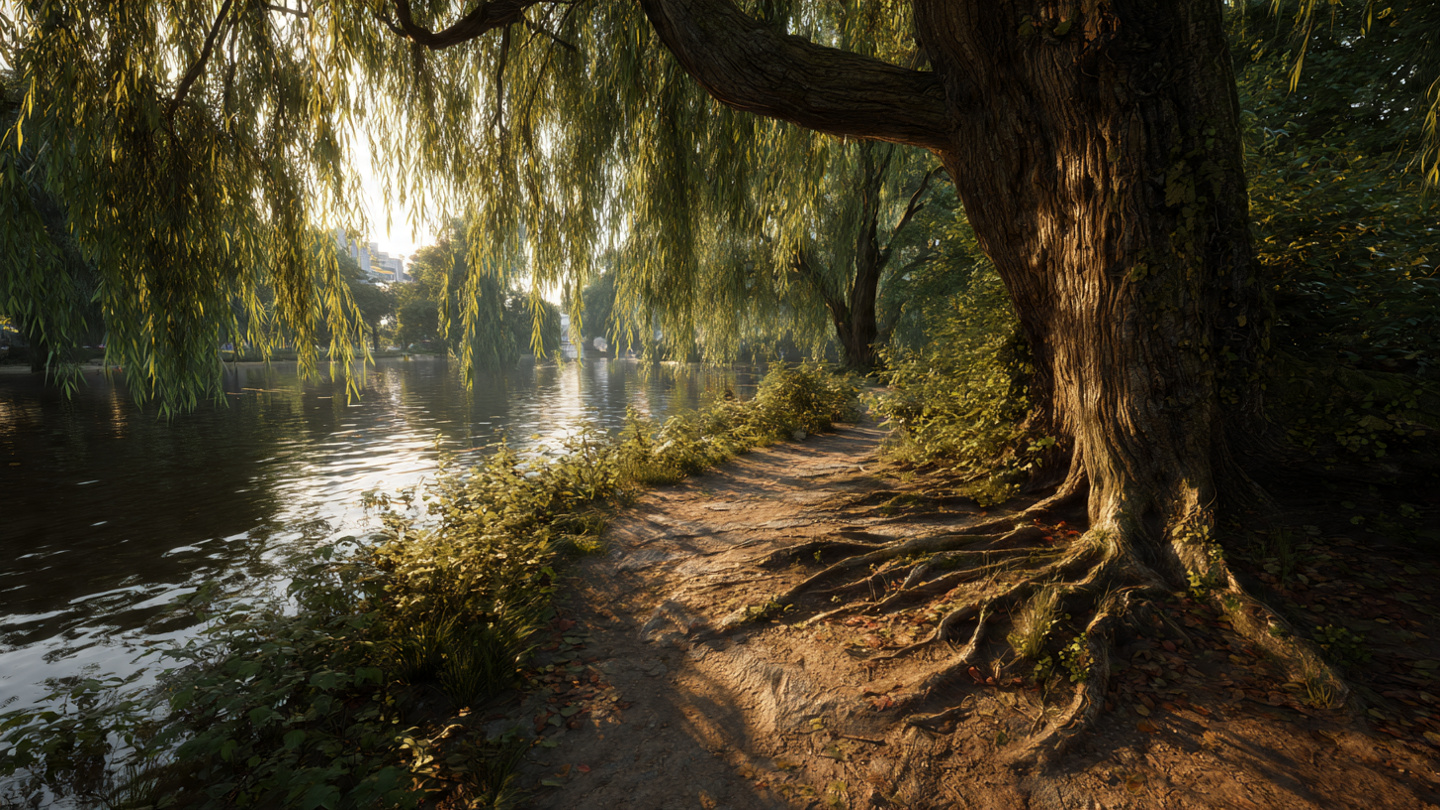 London nature walks along a shaded riverside trail beneath willow trees with sunlight reflecting on calm water