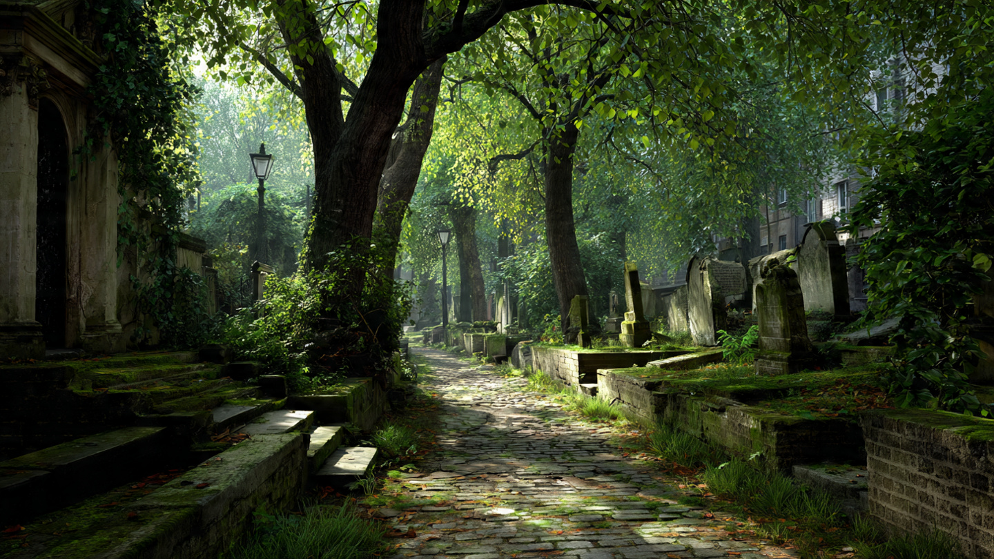 peaceful walking routes in london through a historic cemetery path with moss-covered headstones, tall trees, and soft filtered sunlight