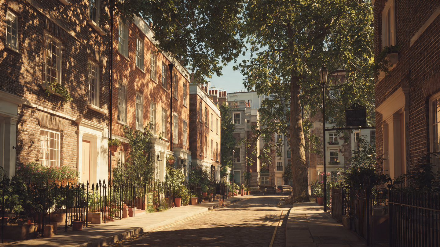 peaceful walking routes in london along a quiet residential street with brick townhouses, leafy trees, and soft afternoon sunlight