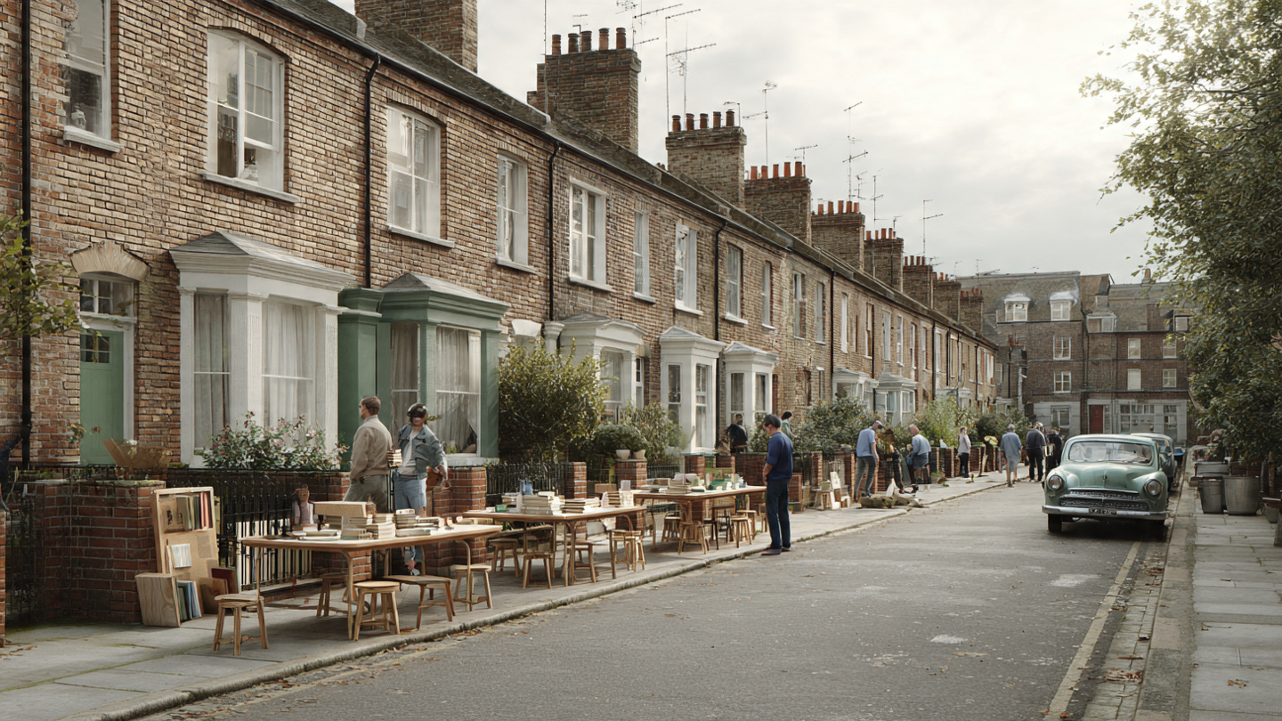 Flea markets in London set along a quiet residential street with vintage furniture and outdoor antique stalls