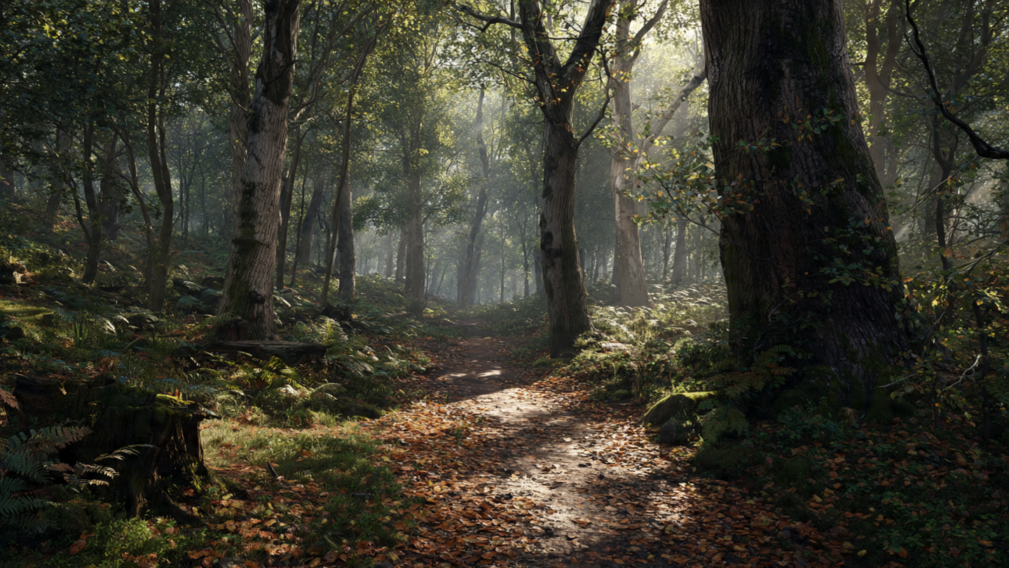 London nature walks along a shaded woodland trail with tall trees, fallen leaves, and soft morning light filtering through the canopy