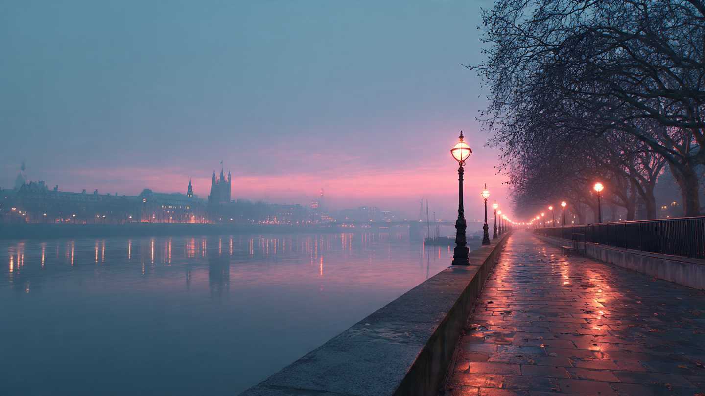 peaceful walking routes in london along the Thames at dawn with glowing street lamps, misty skyline, and quiet riverside path reflections