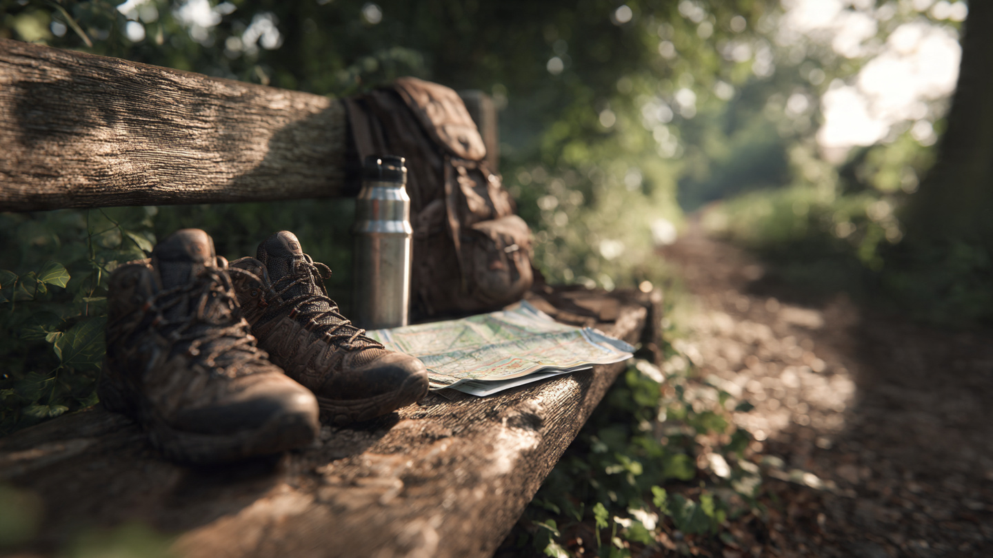 London nature walks preparation with hiking boots, backpack, and map resting on a wooden bench beside a forest trail