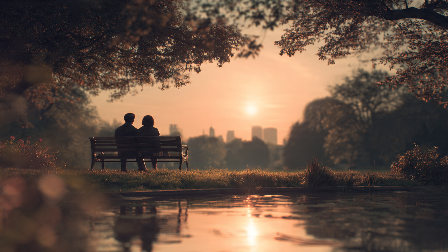 Best sunset viewpoints in London with a couple sitting on a park bench overlooking the skyline at sunset with soft reflections on the water.