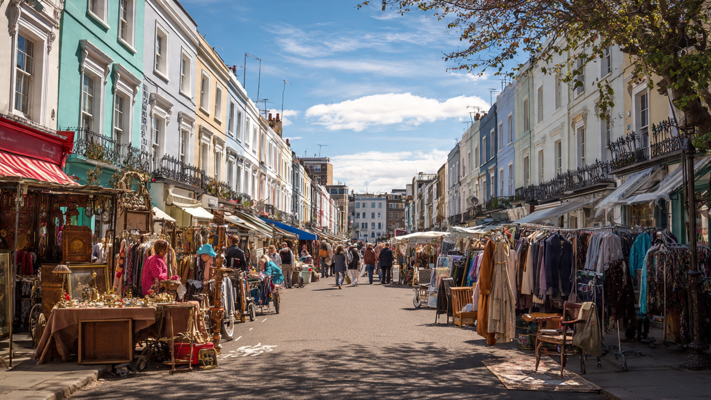 Portobello Road Market guide showing antique and vintage stalls lining the street with visitors browsing along the market