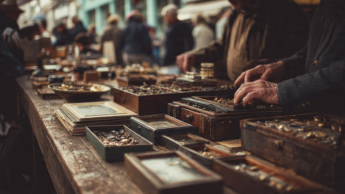 Portobello Road Market guide showing close-up antique tables with vintage items as visitors browse collectibles