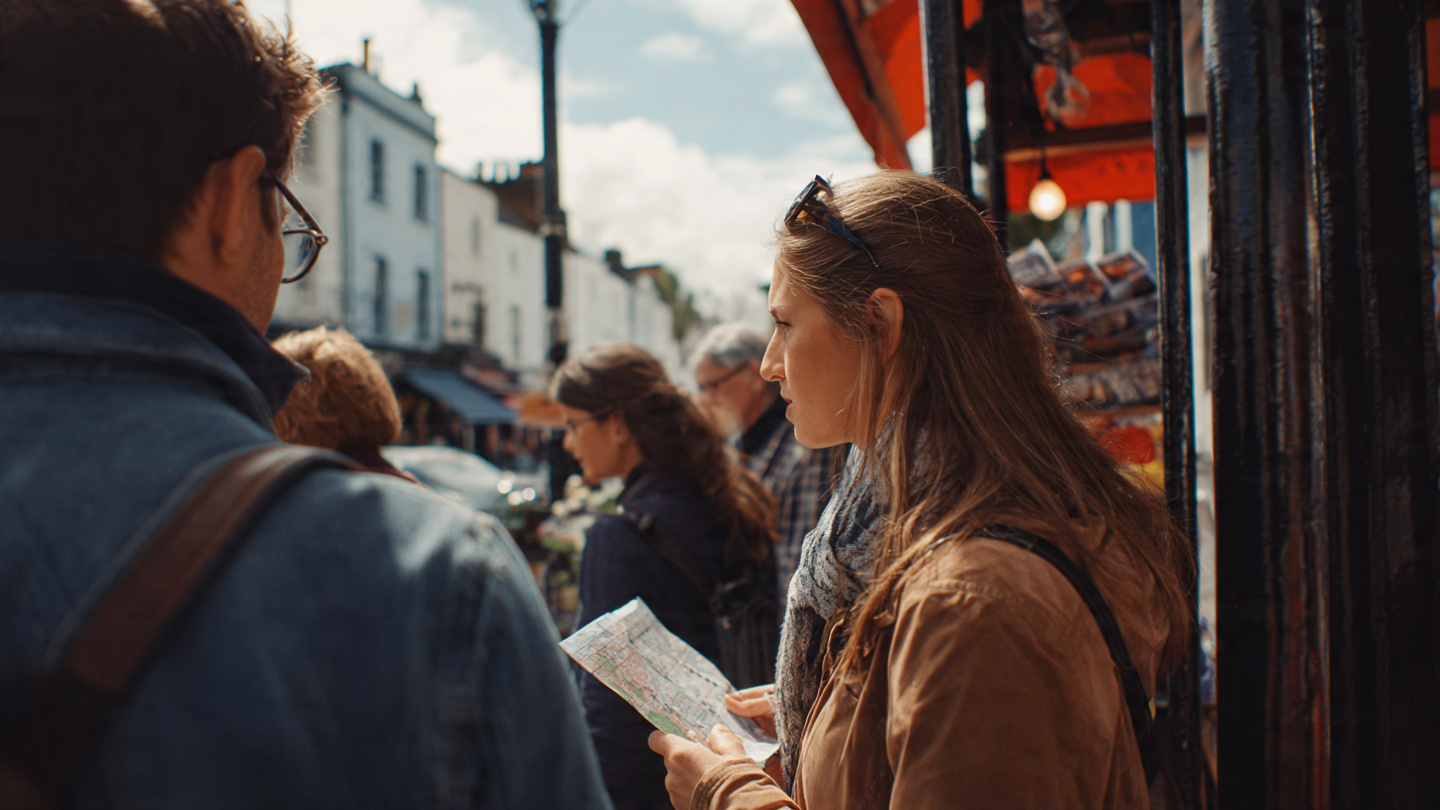 Portobello Road Market guide showing first-time visitors pausing with a map while observing the market street