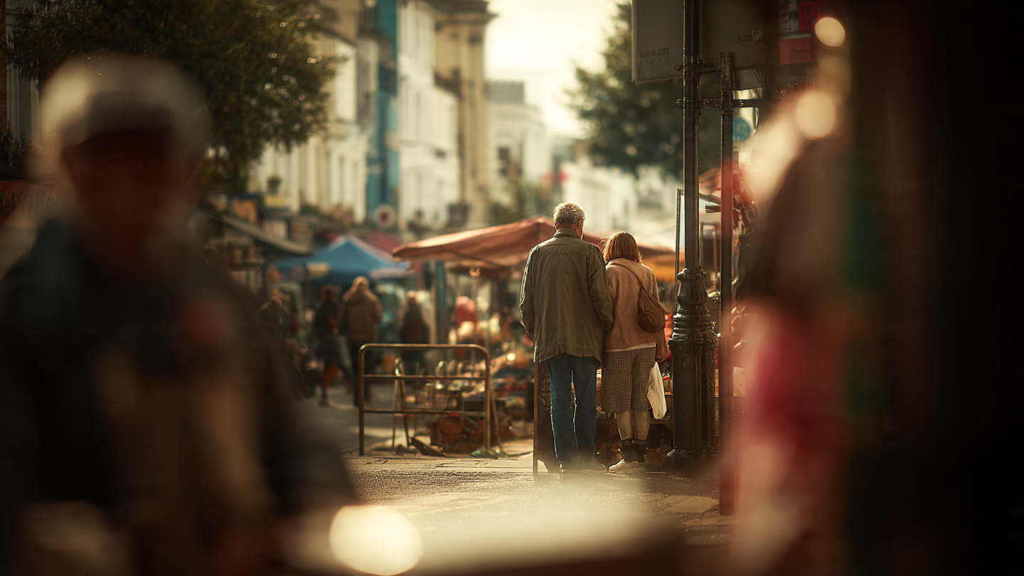 Portobello Road Market guide showing visitors walking through the market during a calm late-afternoon moment with stalls and soft light