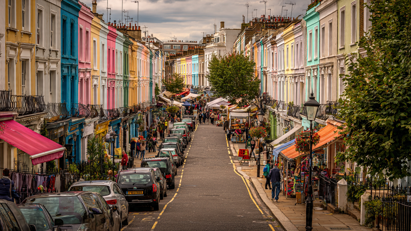 Portobello Road Market guide showing a colorful Notting Hill street lined with market stalls, shops, and visitors walking through the area