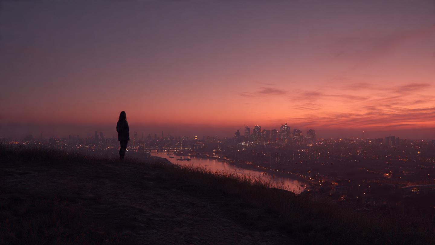 Best sunset viewpoints in London seen from a hilltop overlooking the illuminated skyline and River Thames at twilight.