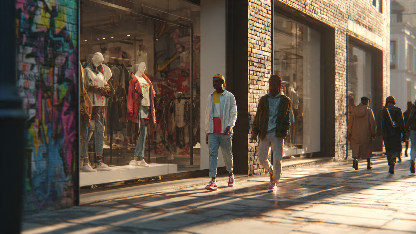 Fashion-forward scene on one of the best shopping streets in London with stylish pedestrians walking past modern boutique storefronts in warm afternoon light