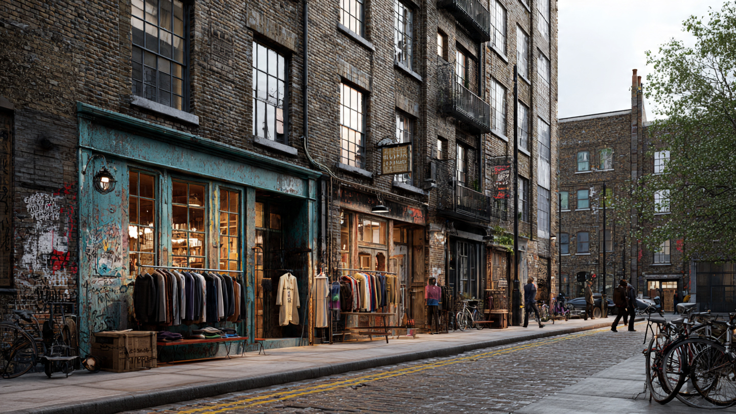 Charming vintage boutiques on one of the best shopping streets in London featuring brick facades, cobblestone pavement, and independent fashion storefronts