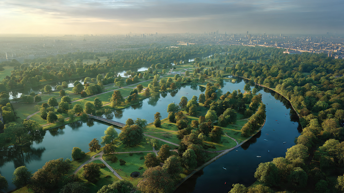 royal parks of london aerial view of Hyde Park and the Serpentine with central London skyline in the background