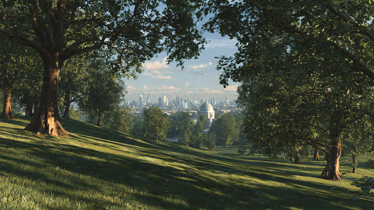 royal parks of london Greenwich Park hilltop view with the Royal Observatory and London skyline framed by trees