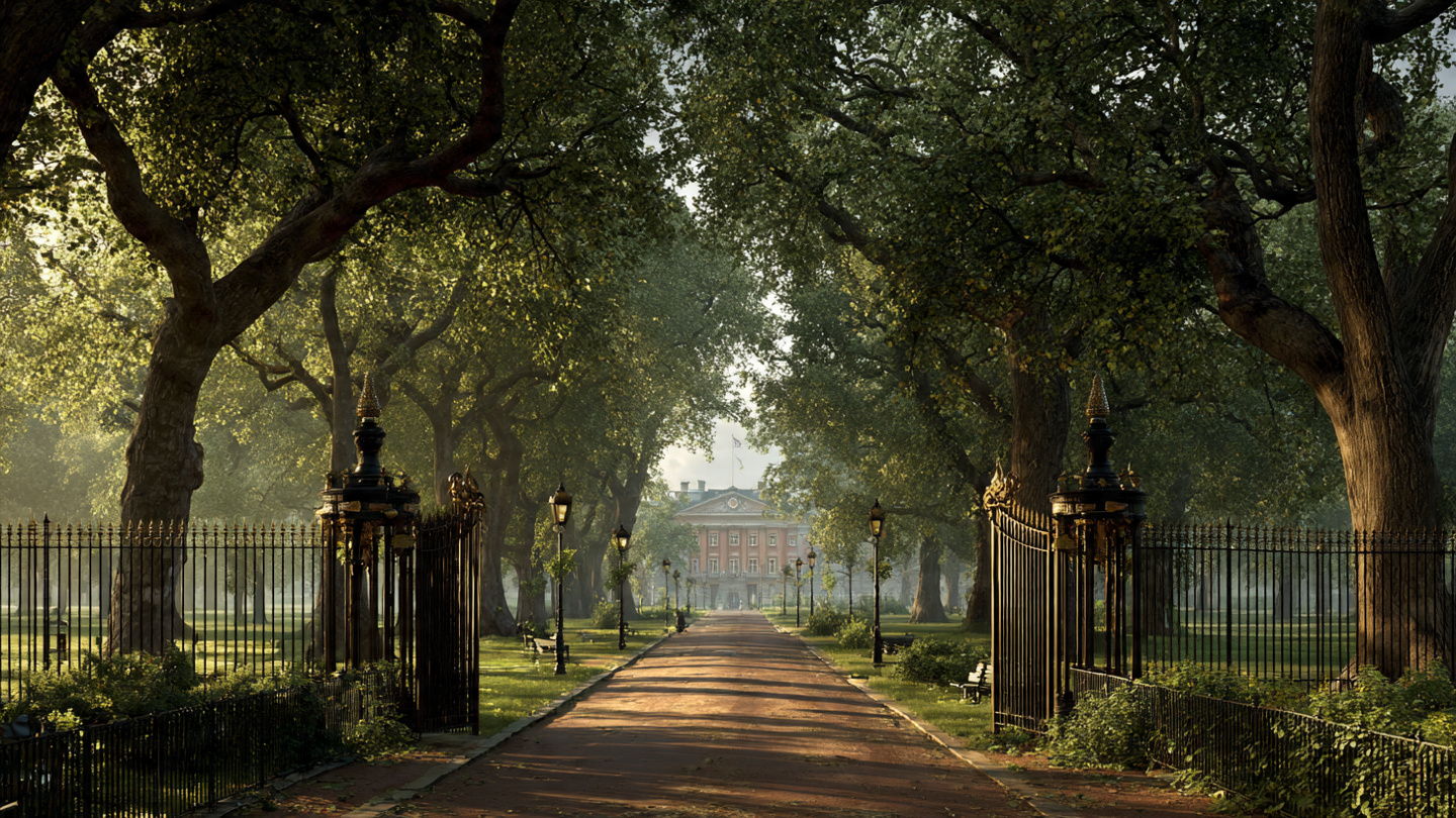 royal parks of london tree-lined avenue in Kensington Gardens leading toward Kensington Palace in soft morning light