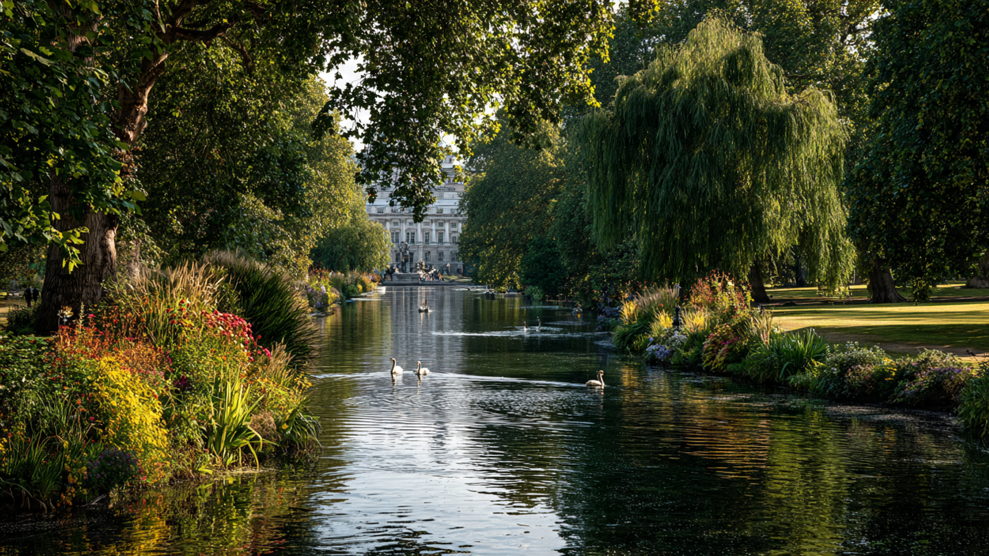 royal parks of london St James’s Park lake with swans and Buckingham Palace visible through tree-lined gardens