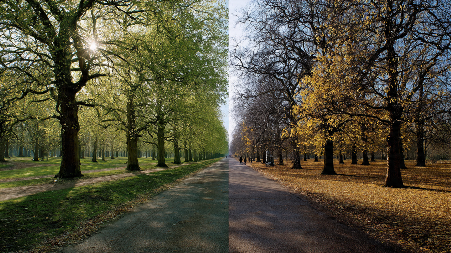 royal parks of london seasonal contrast showing tree-lined avenue in spring greenery and autumn golden foliage