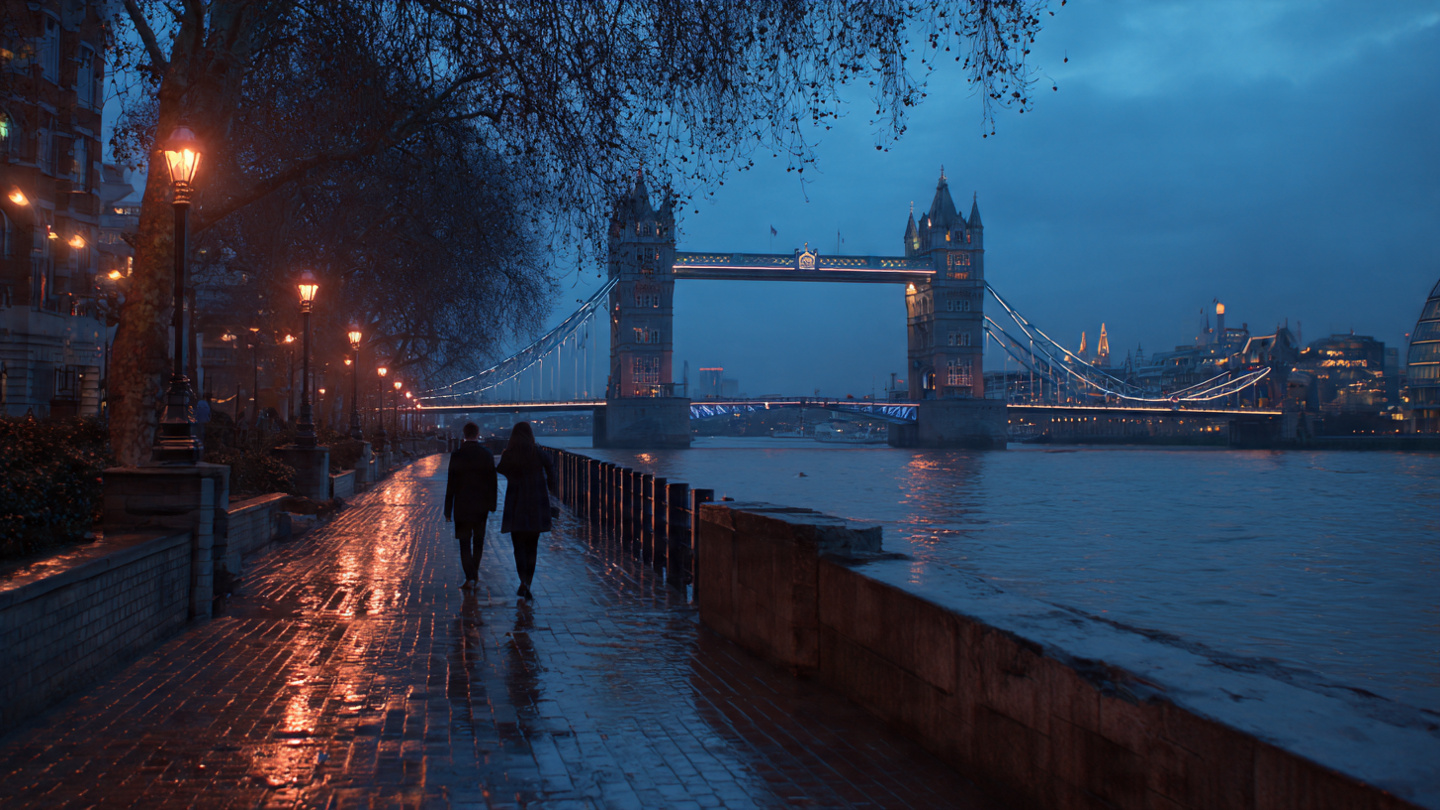 romantic walks in london along the Thames at dusk with a couple walking toward Tower Bridge under glowing street lamps