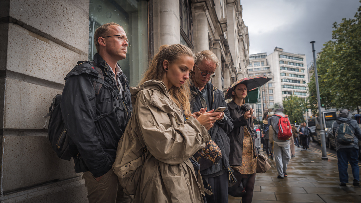London weather travel guide showing travelers checking phones while waiting outdoors during cloudy and damp city conditions