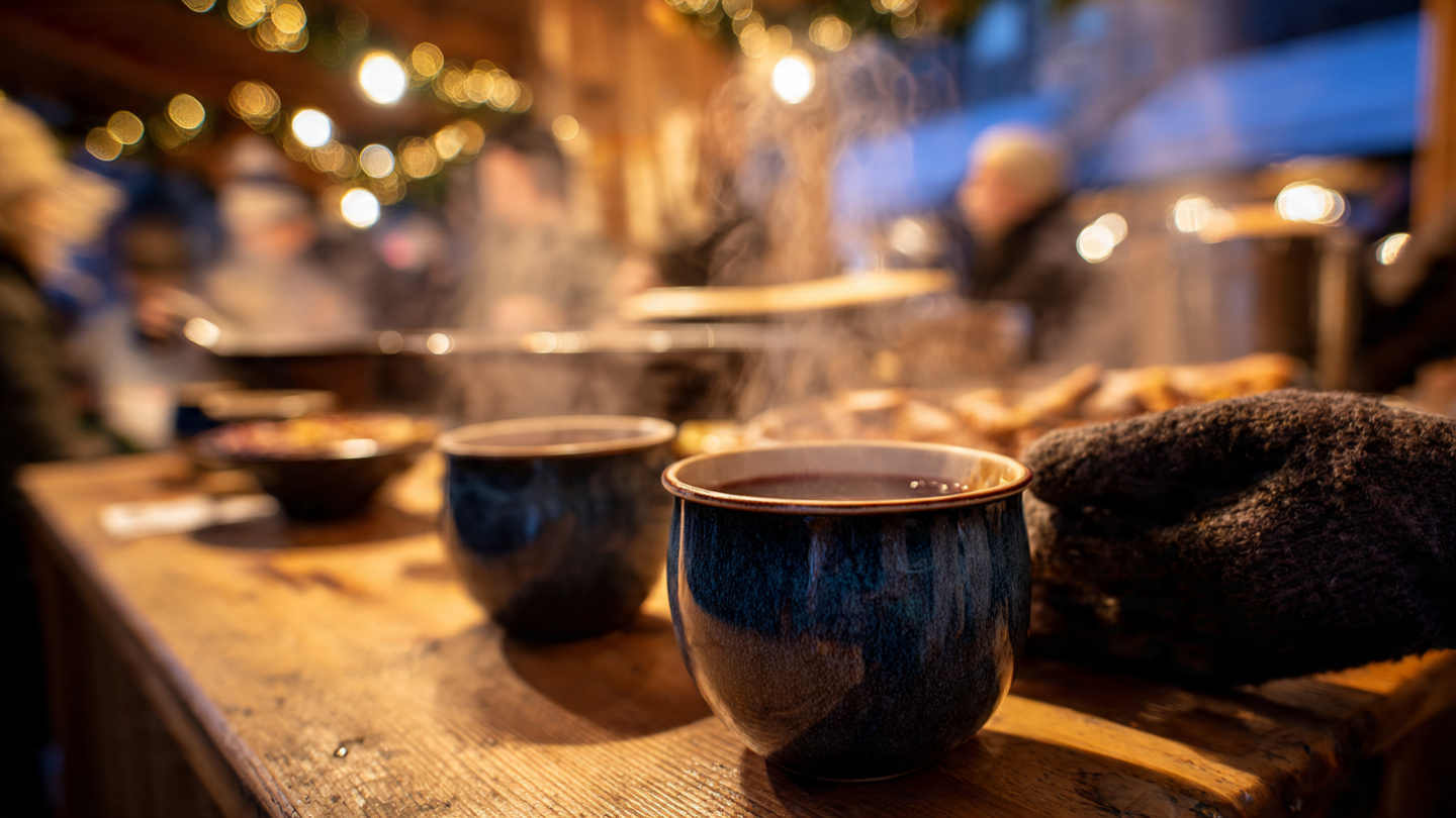 Steaming hot drinks on a wooden table at christmas markets in london during a cold winter evening