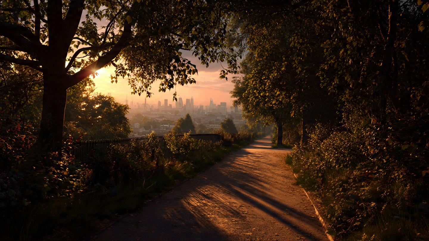 Hidden walking trails in London at sunset overlooking the city skyline through tree-lined hillside paths