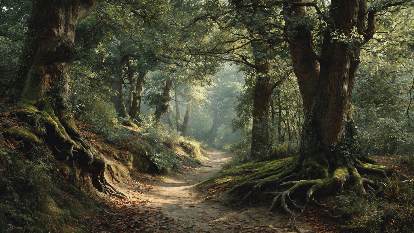 Hidden walking trails in London through ancient woodland with twisted tree roots, moss-covered trunks, and a shaded natural footpath