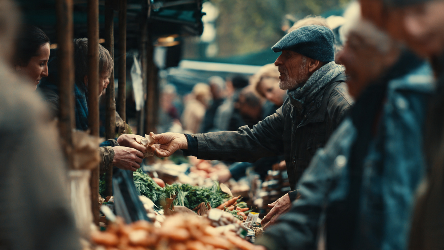 London markets scene showing an elderly local buying fresh vegetables from a market stall with shoppers in the background