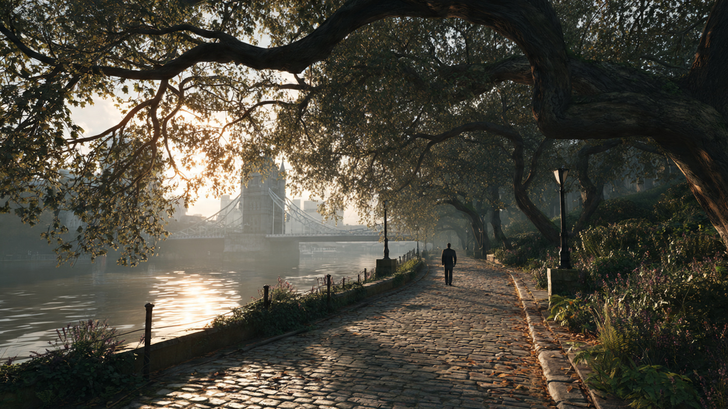 Scenic riverside walkway at sunrise inside parks in London with skyline view