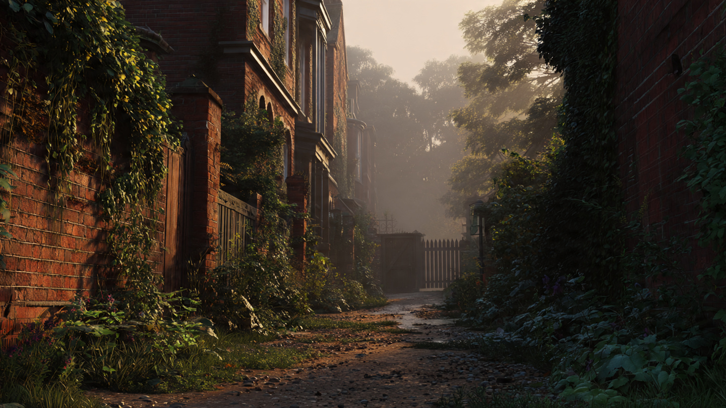 Hidden walking trails in London with ivy-covered brick houses and a quiet misty pathway at sunrise