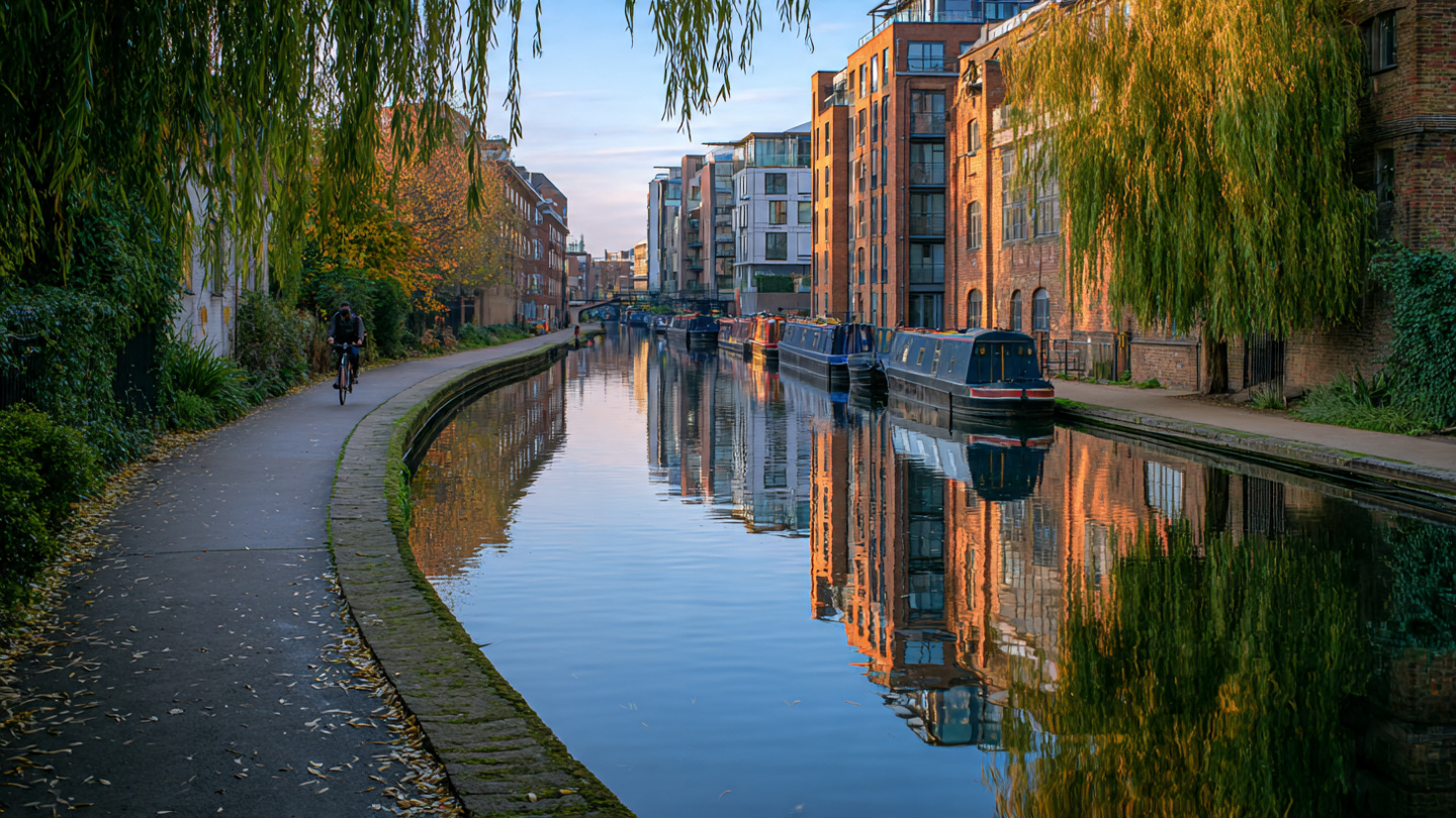 Peaceful canal towpath with narrowboats and tree reflections showcasing linear green spaces in London
