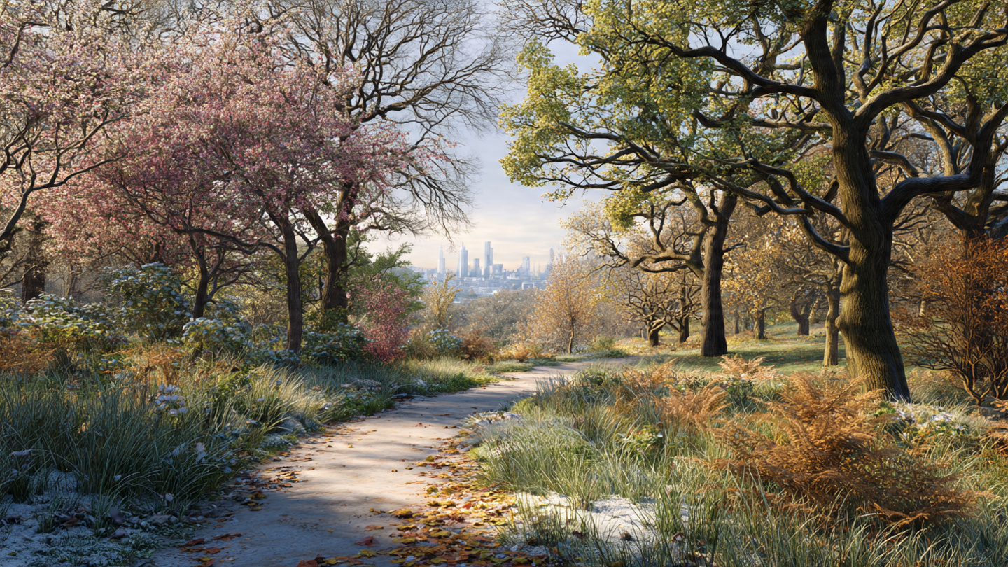 Scenic hillside walking path framed by flowering trees and skyline views, capturing the beauty of green spaces in London