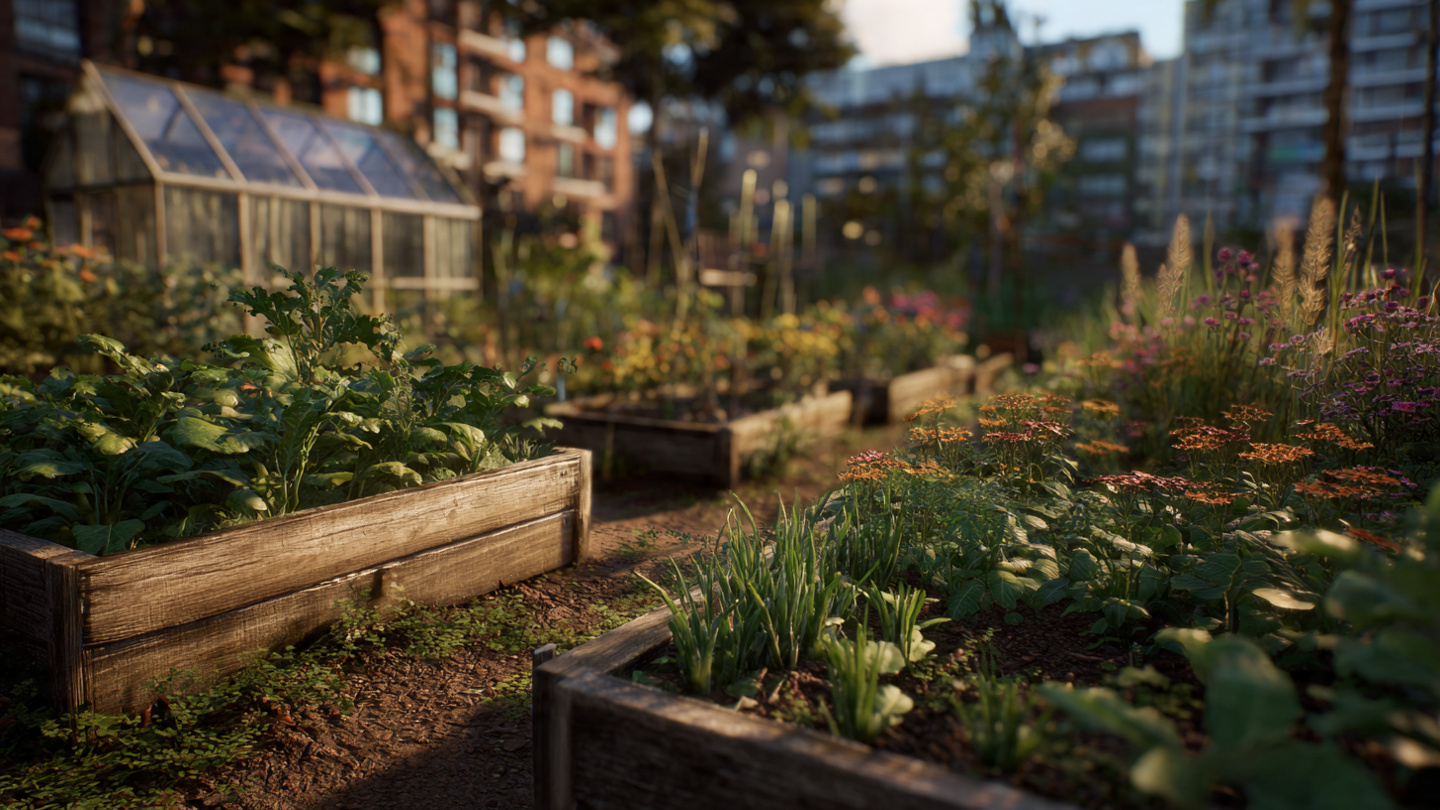 Urban community garden with raised planting beds and greenhouse highlighting sustainable green spaces in London