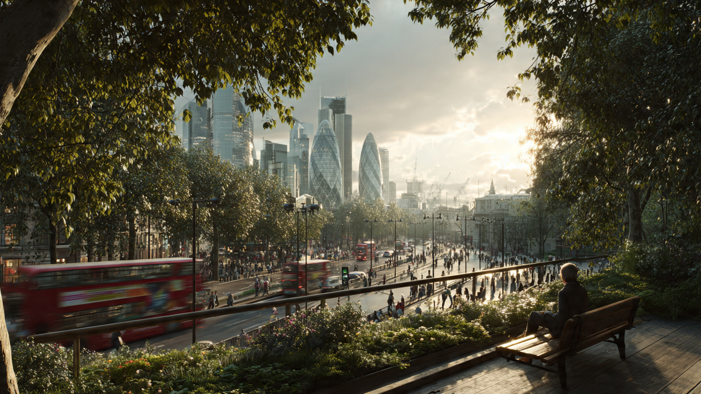 Elevated park viewpoint overlooking the London skyline with trees and seating area in green spaces in London