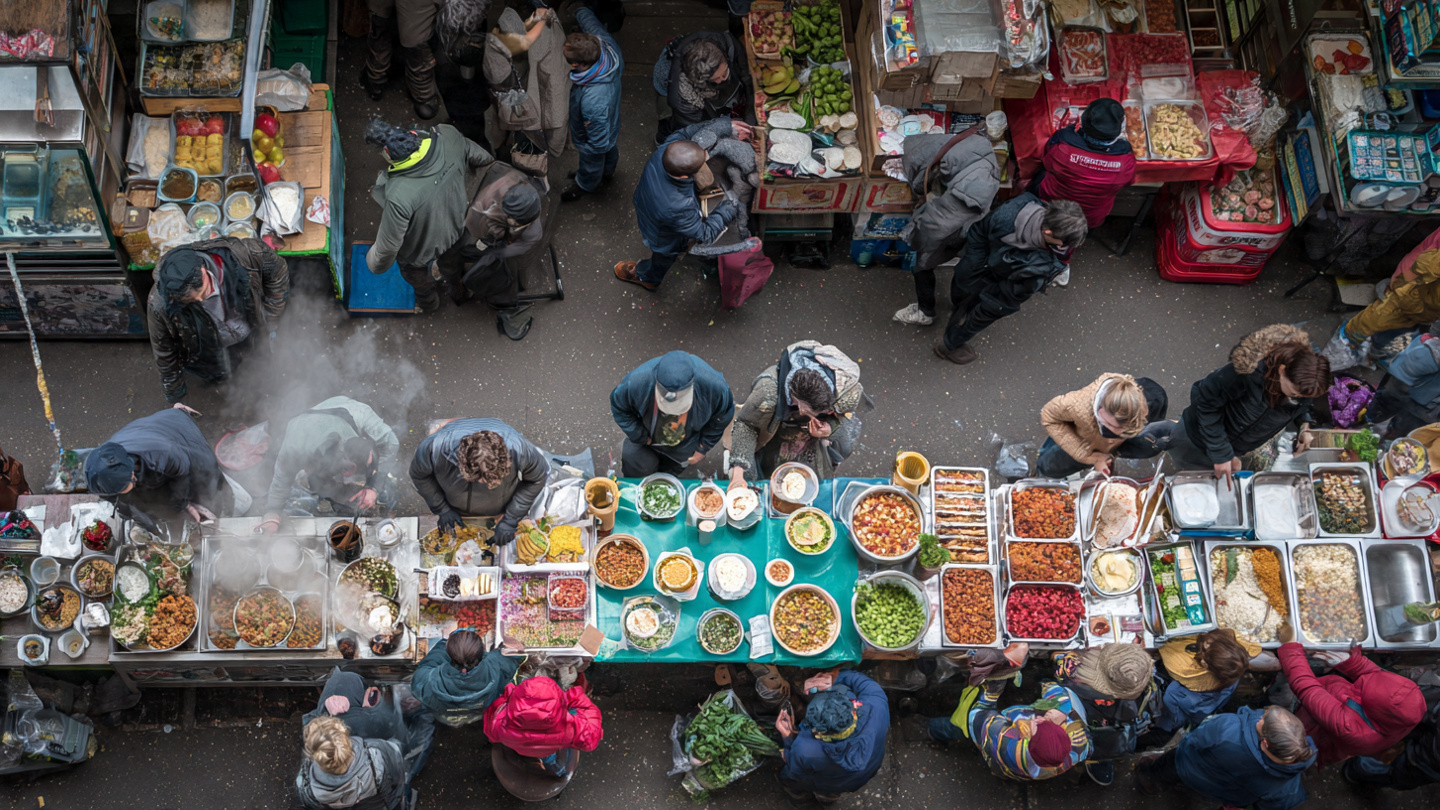 London markets viewed from above with busy food stalls, colorful dishes, and crowds buying street food