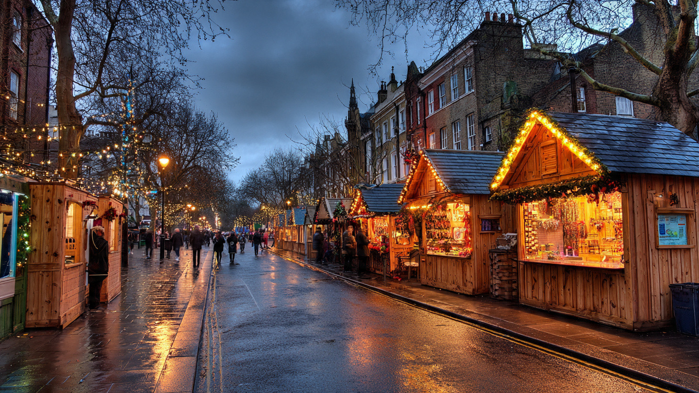 Traditional wooden stalls glowing at christmas markets in london along a wet historic street in winter