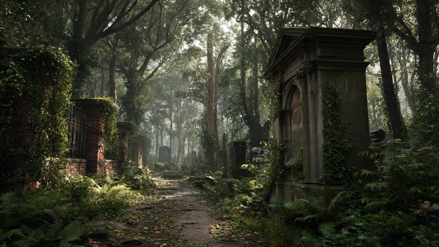 Hidden walking trails in London passing through an overgrown historic cemetery with ivy-covered stone monuments and shaded woodland paths