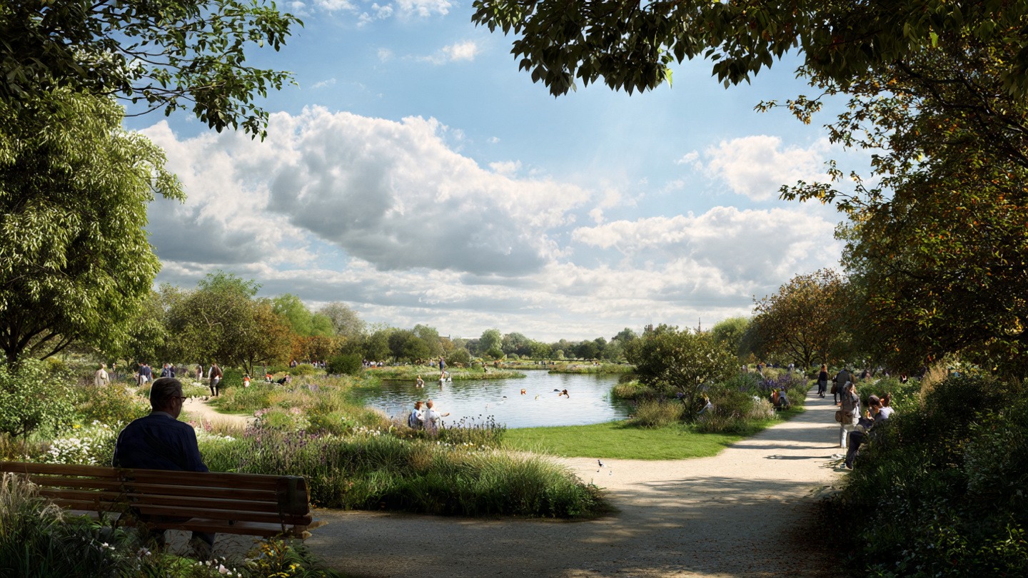 Sunny lakeside scene with walking paths and visitors relaxing inside parks in London