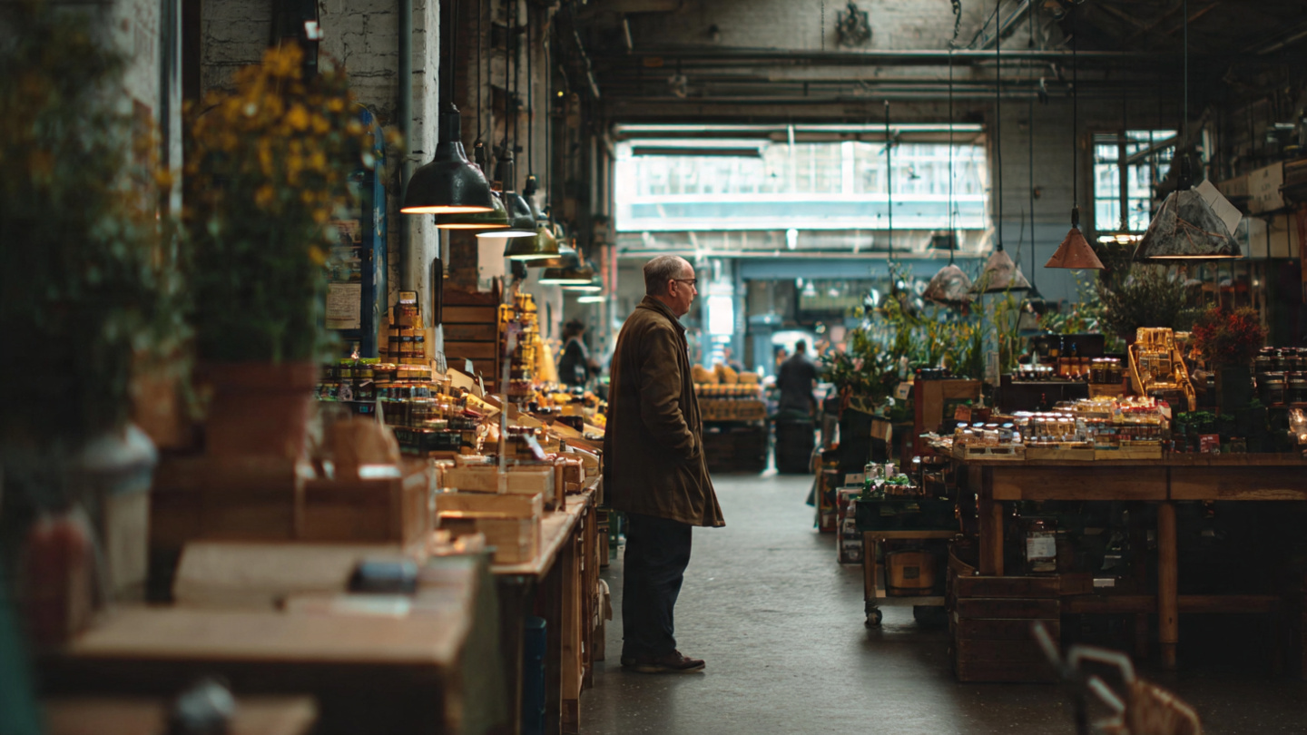 London markets inside an indoor food hall with fresh produce stalls and a local shopper browsing quietly