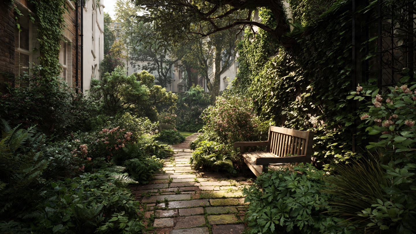 Hidden garden pathway and bench inside parks in London surrounded by lush greenery