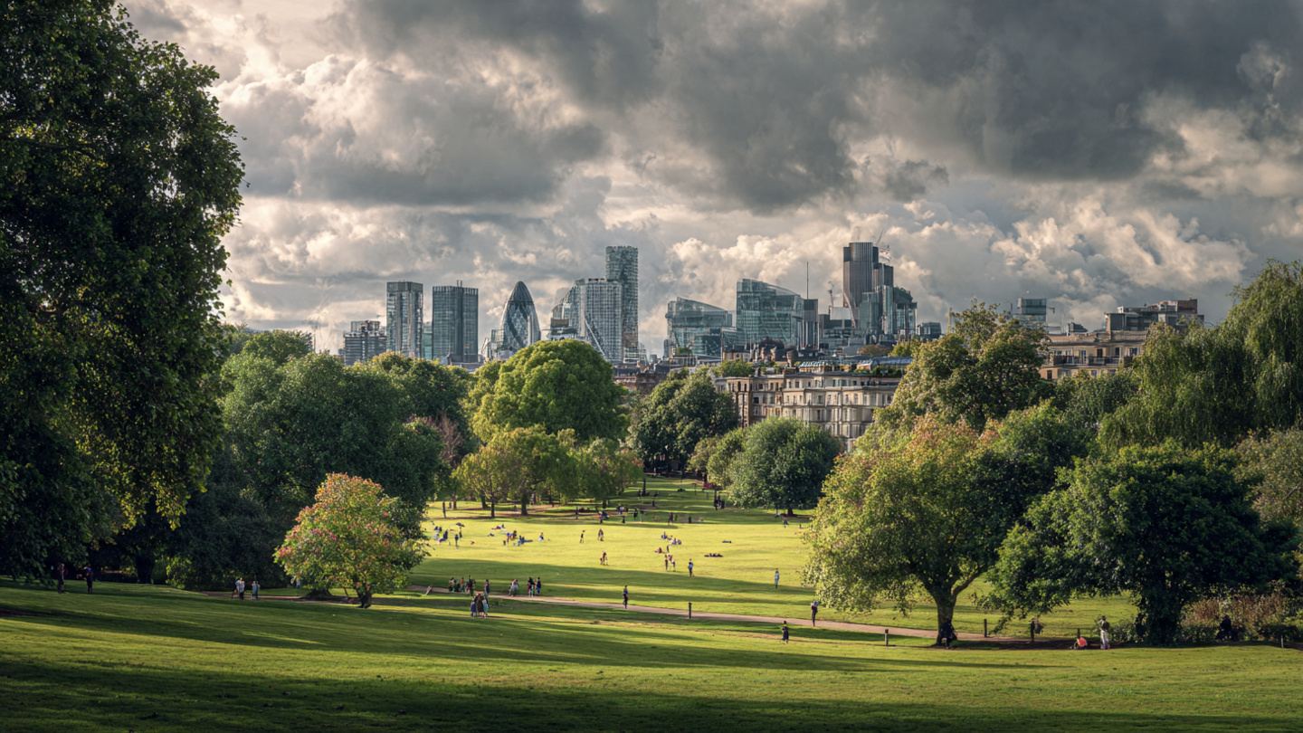Wide green lawns and skyline view inside parks in London