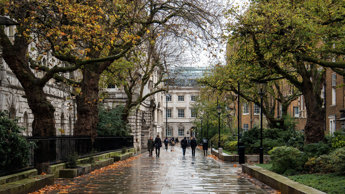 London weather travel guide showing a tree-lined London walkway after light rain with autumn leaves and pedestrians